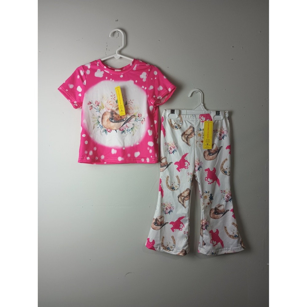 SHEIN Kids Pink Western Cowgirl Outfit Set Floral Cowboy Hat Flare Pants 18-24M